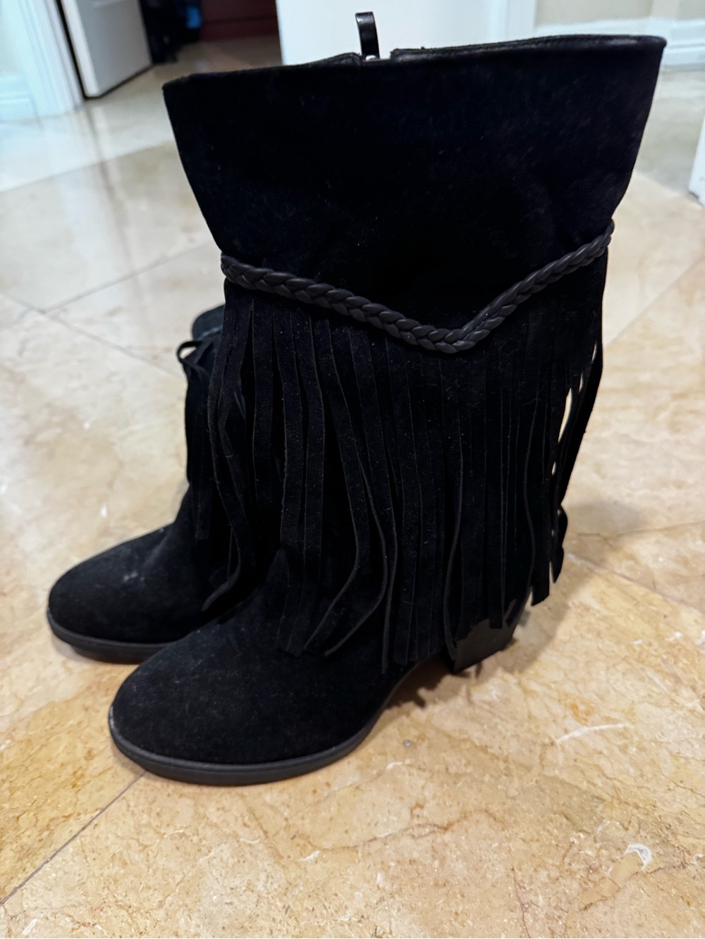 Corkys Black Suede Fringe Mid-Calf Heeled Boots